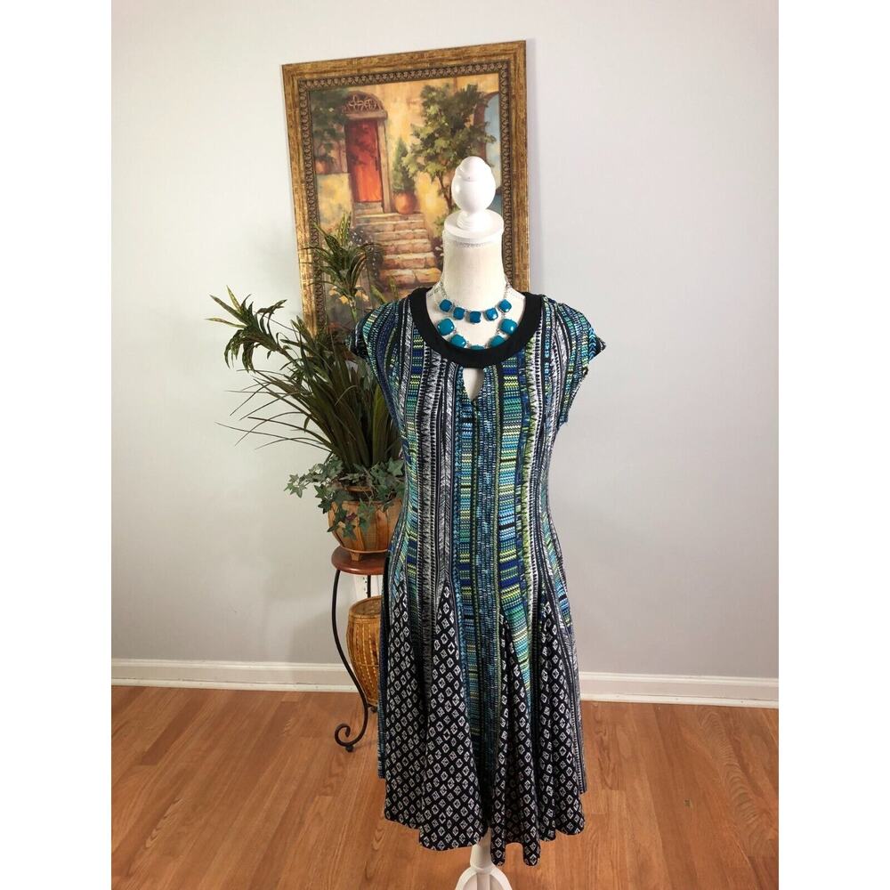 Kim Rogers Dress Womens Small Multi Striped Keyhole Neck Cap Sleeve Flounce Hem